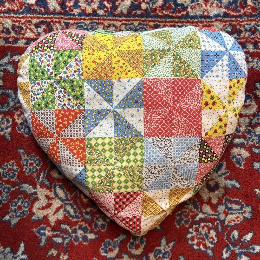 Vtg Cheaters Quilt Printed Pinwheel Squares Heart Pillow 13 Inch Colorful
